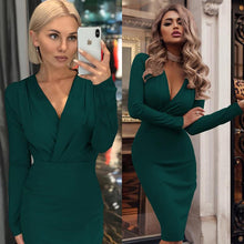Load image into Gallery viewer, Women Vintage Sexy Bodycon Slim Party Dress Long Sleeve Deep V neck Solid Casual Elegant Dress 2019 Winter New Fashion Dress