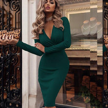 Load image into Gallery viewer, Women Vintage Sexy Bodycon Slim Party Dress Long Sleeve Deep V neck Solid Casual Elegant Dress 2019 Winter New Fashion Dress