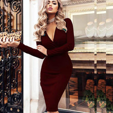 Load image into Gallery viewer, Women Vintage Sexy Bodycon Slim Party Dress Long Sleeve Deep V neck Solid Casual Elegant Dress 2019 Winter New Fashion Dress