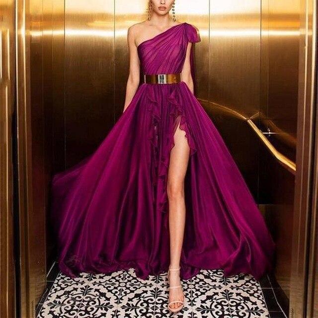 one shoulder prom dress 2020 One Shoulder Lace Long Prom Dresses, Pink A-line Newest Prom Dresses 2   ClaireBridal