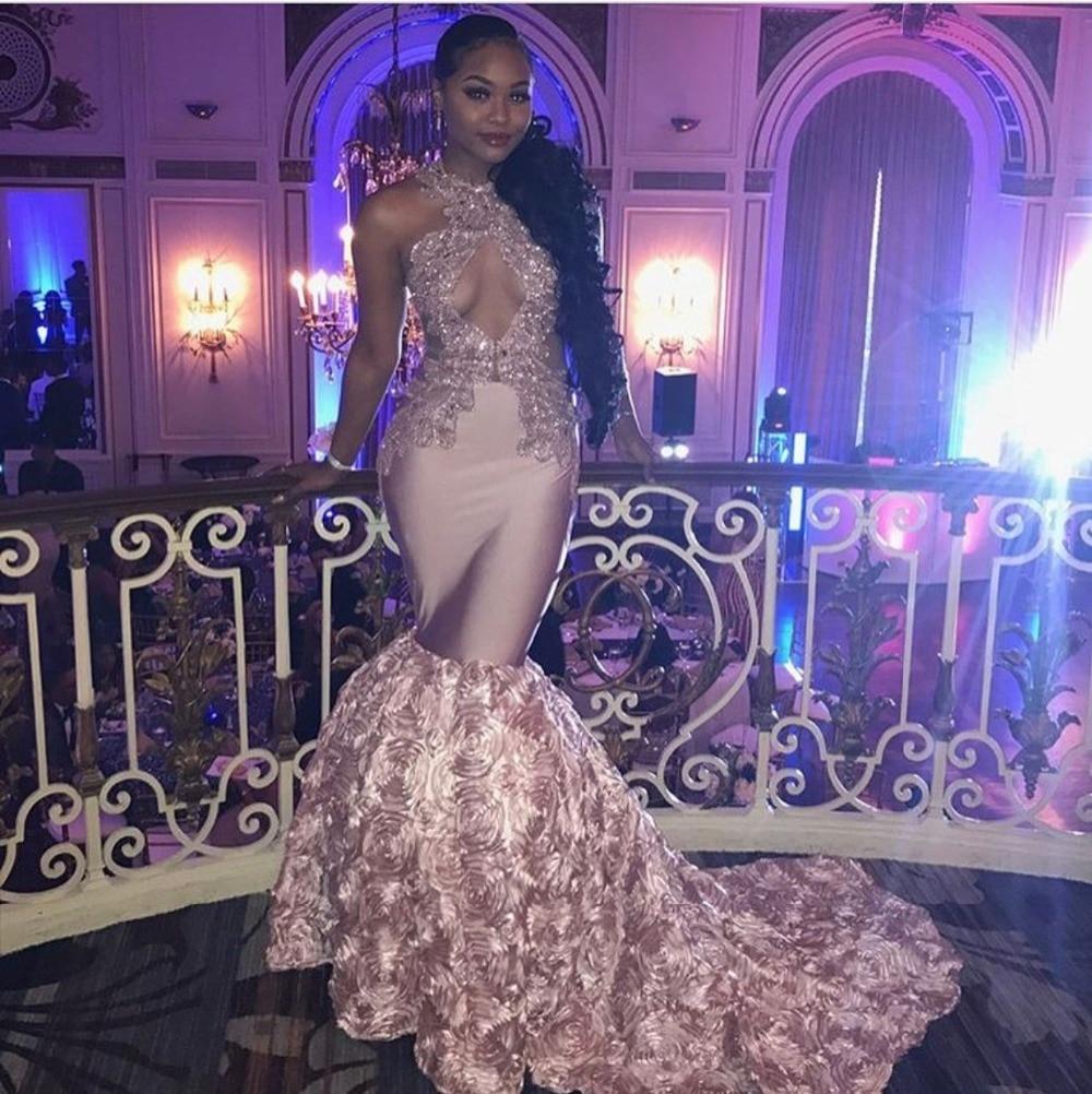 Sexy Black Girls Mermaid High Neck Dusty Pink Prom Dresses 2019 Cut-ou Drop Waist Linen Dress Sexy Black Girls Mermaid High Neck Dusty Pink Prom Dresses 2019 Cut-ou Drop Waist Linen Dress