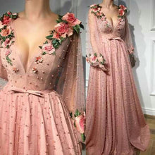 Load image into Gallery viewer, A-line Prom Dresses V neck Pink Long Prom Dress Evening Dresses With 3D Flower Long Sleeves Evening Gowns